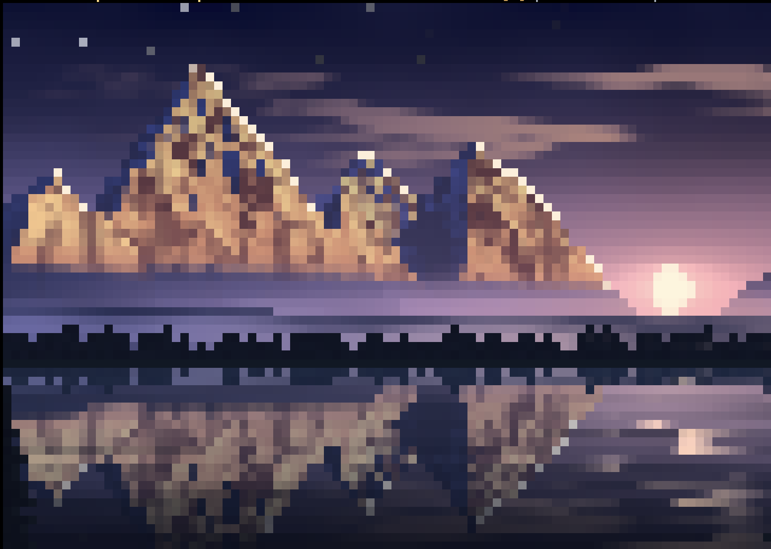 Golden alpine peaks and a low sun beneath a purple sky, mirrored in still water, rendered in terminal pixels.