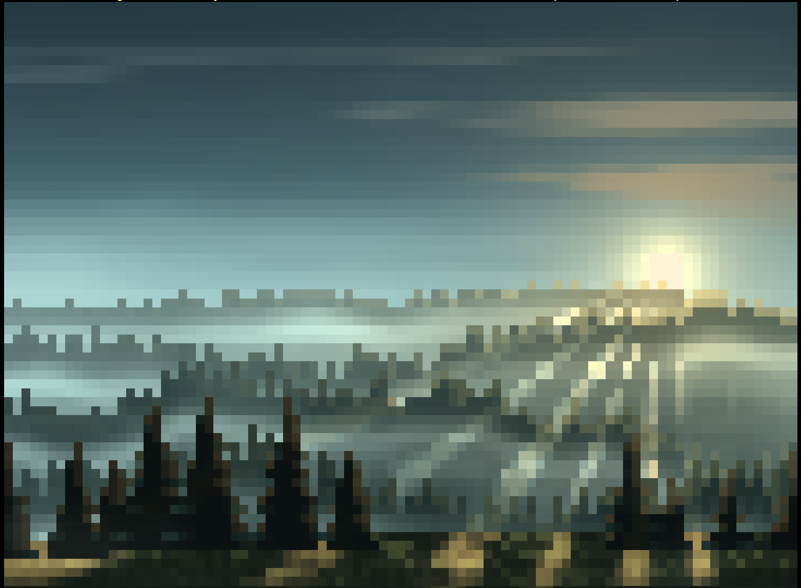 Sunlight above a misty forest, with dark pine trees and layers of green fog rendered in terminal pixels.