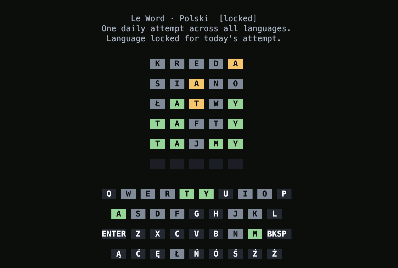 Le Word in Polish, with a grid of coloured guesses, a Polish-letter keyboard, and a notice that the language is locked for today's daily attempt.